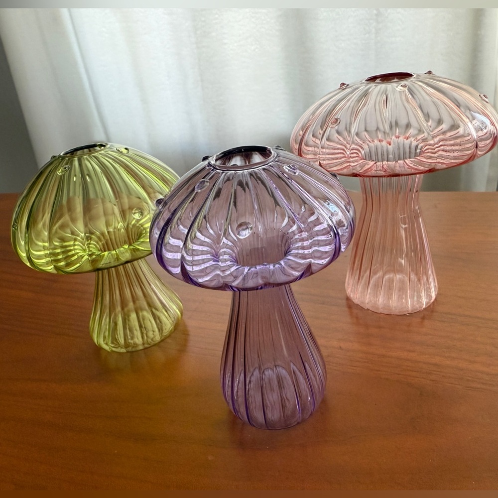 Brand New Set of Three Glass Mushroom Vases (NIB)